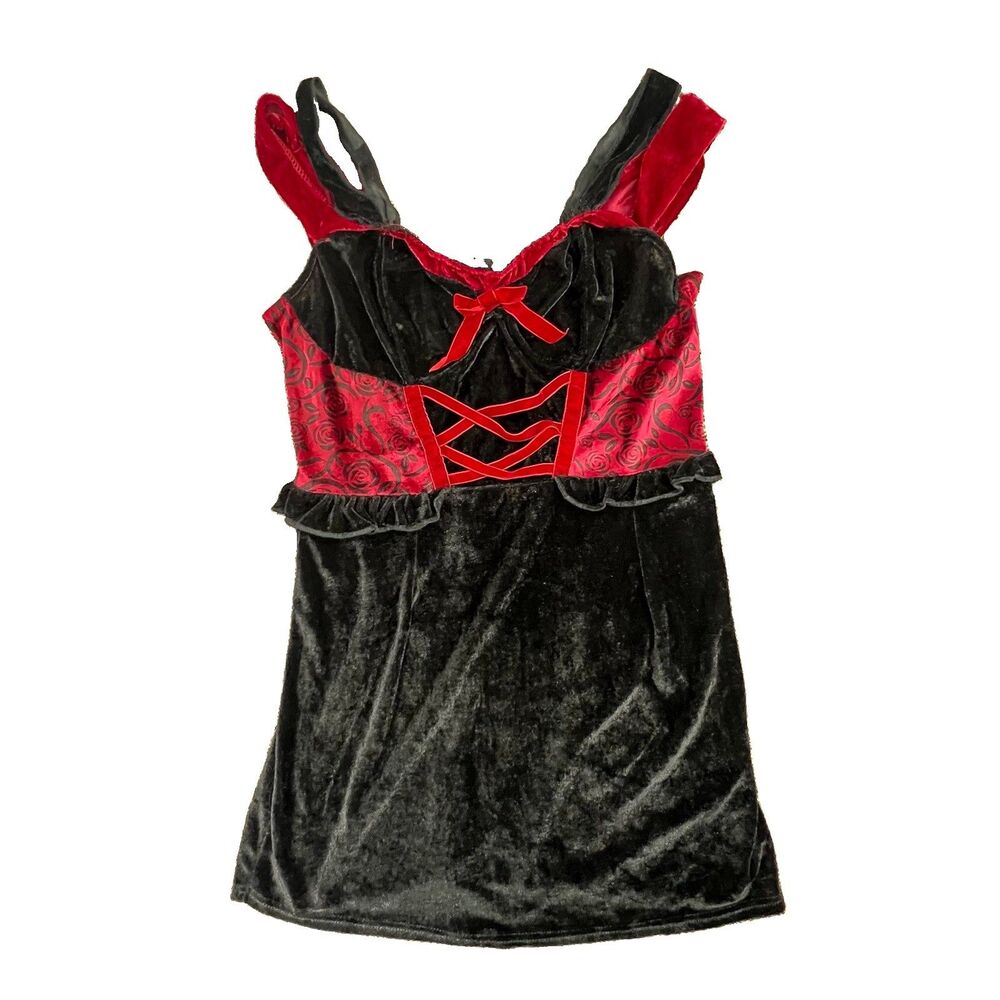 Costume MED Black & Red Velvet Gothic Mini Dress Corset Dark Red Riding Hood